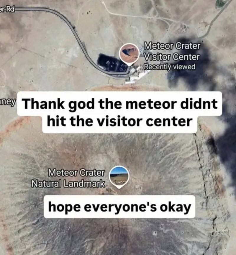 Map of Meteor Crater with visitor center and natural landmark, with humorous text about a meteor.