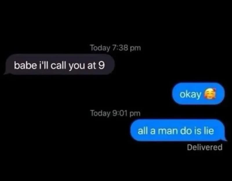 Text conversation about calling at 9 and lying, with timestamps and emojis.