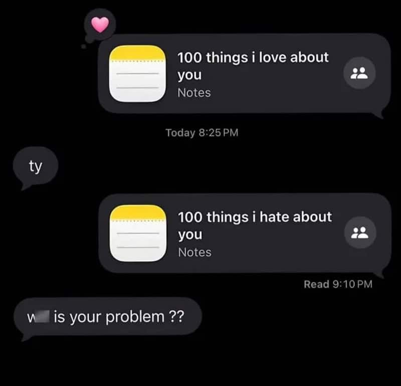 Text conversation showing '100 things I love about you' and 'hate about you' notes.