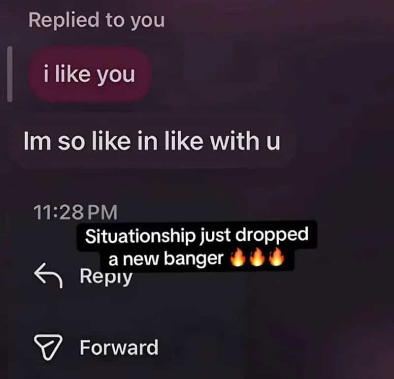 Text conversation with a message about a new relationship and a fiery emoji.