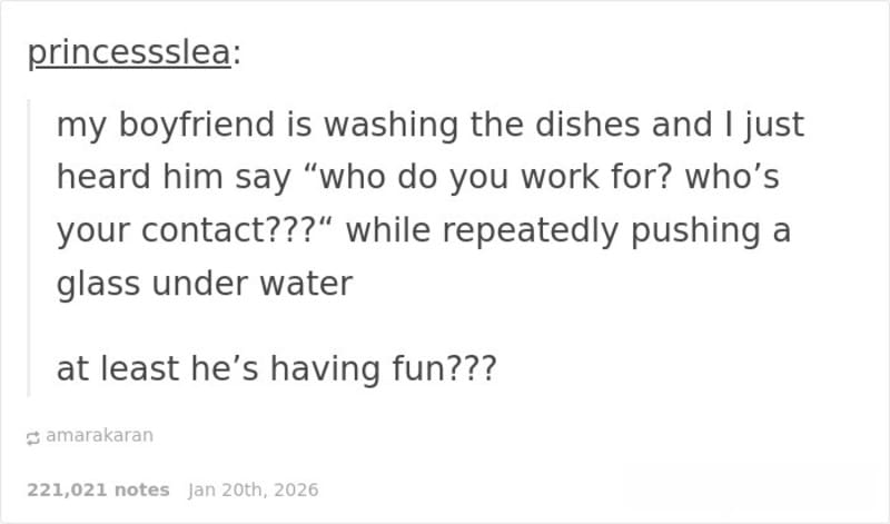 Text about boyfriend washing dishes and asking about work while pushing a glass under water.