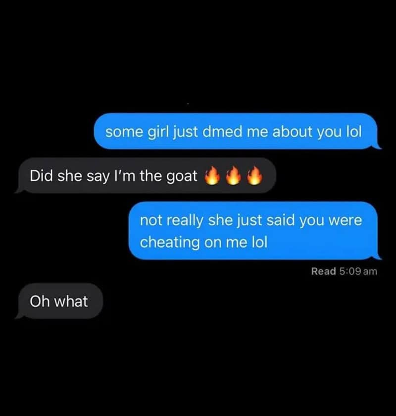Text conversation about being called a goat and cheating, with humorous tone.
