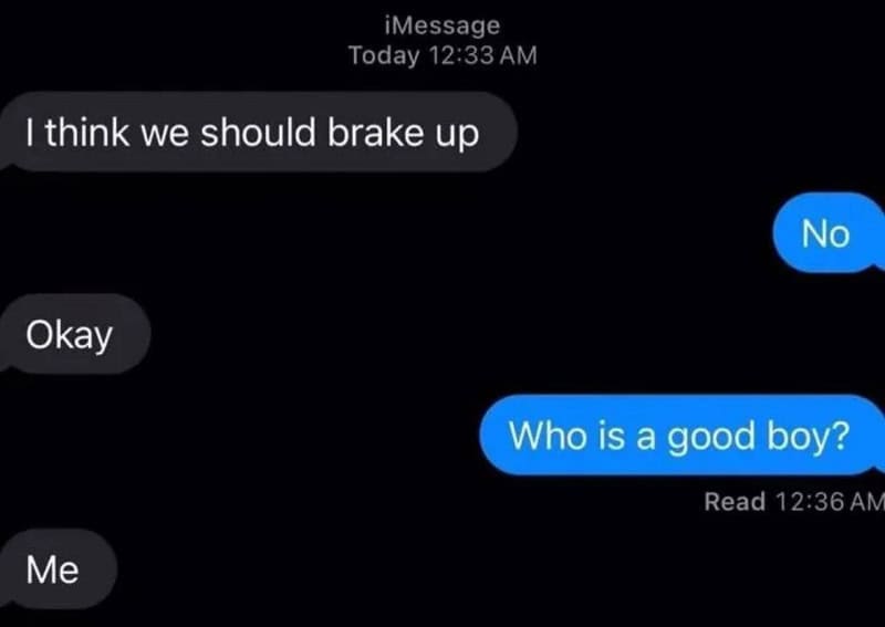 Text message conversation about breaking up and asking who is a good boy.