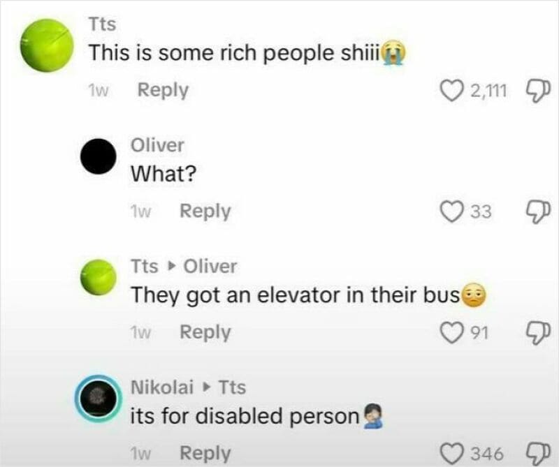 TikTok comments about rich people and an elevator in a bus for disabled person.