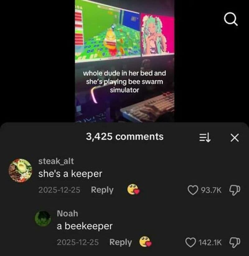 Screenshot of TikTok comments about a man in bed playing bee swarm simulator.