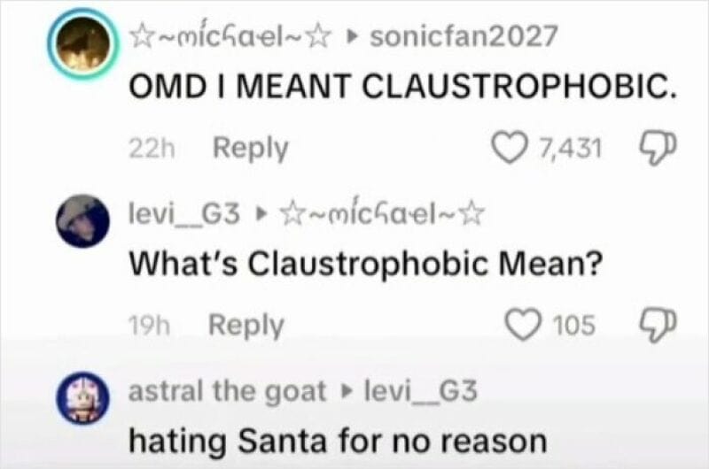 Comments on TikTok about being claustrophobic and hating Santa.