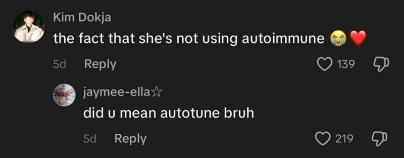 Screenshot of TikTok comments discussing autoimmune and autotune.