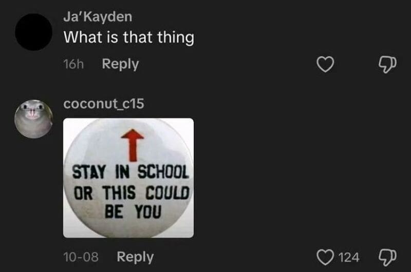 Stay in school or this could be you - meme with red arrow pointing up.