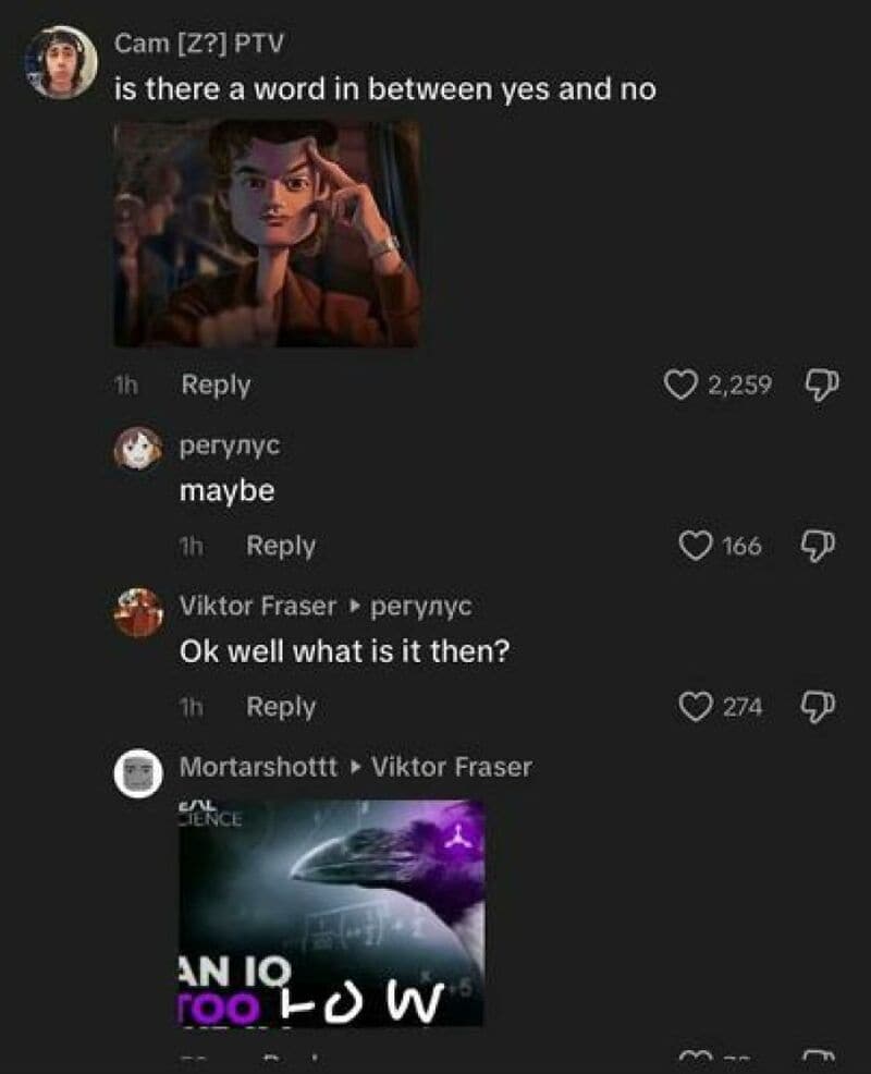 Screenshot of TikTok comments discussing the word between yes and no.