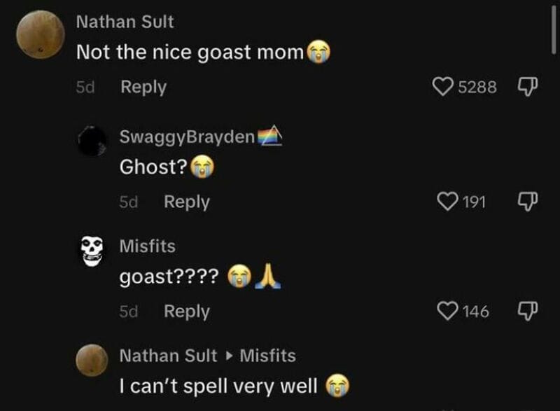 TikTok comments about a goat mom, ghost, and spelling issues.