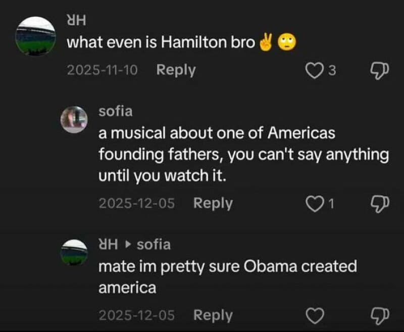 Screenshot of TikTok comments discussing Hamilton and America.