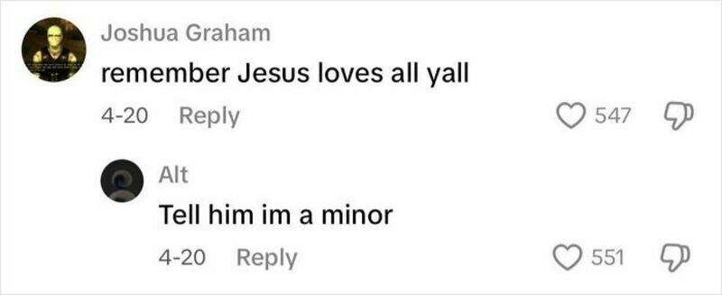 Comment exchange about Jesus and being a minor on TikTok comments.