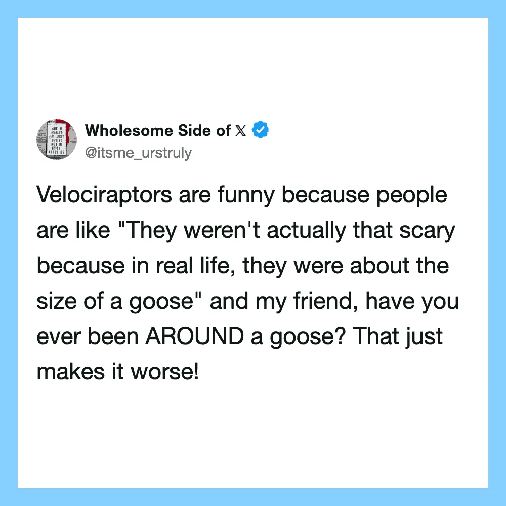 Velociraptors are funny because people think they're scary, but they're about the size of a goose.