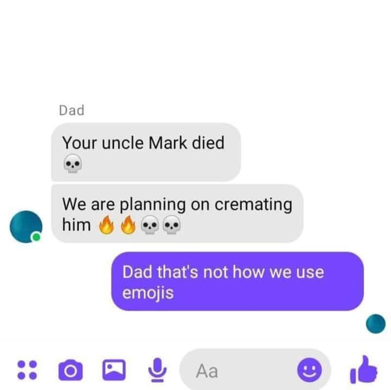 Text conversation about Uncle Mark's death and cremation with emojis.
