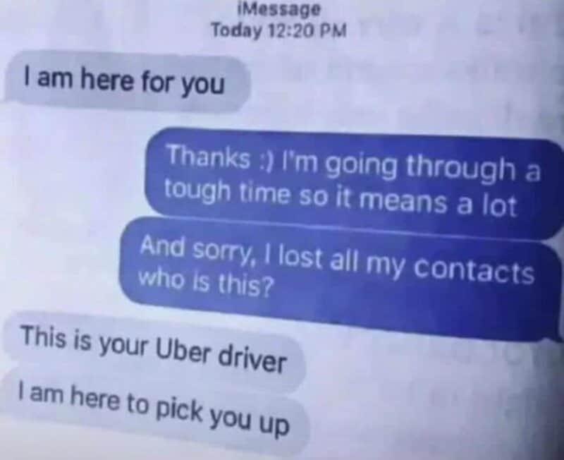 Text conversation showing a person offering support and an Uber driver responding.
