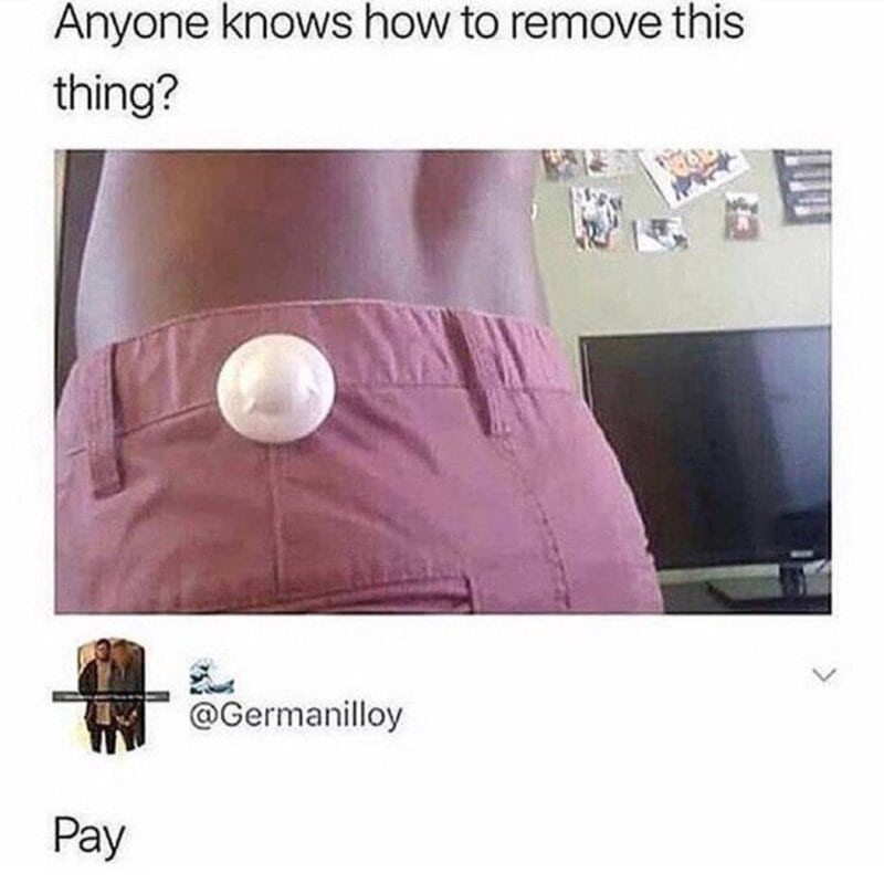Person's back with a white button on their pink pants, asking how to remove it.
