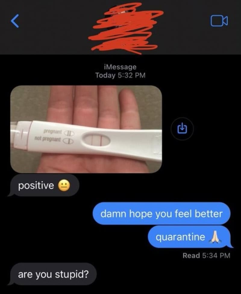 Pregnancy test showing not pregnant, with a hand and a message exchange about feeling better.