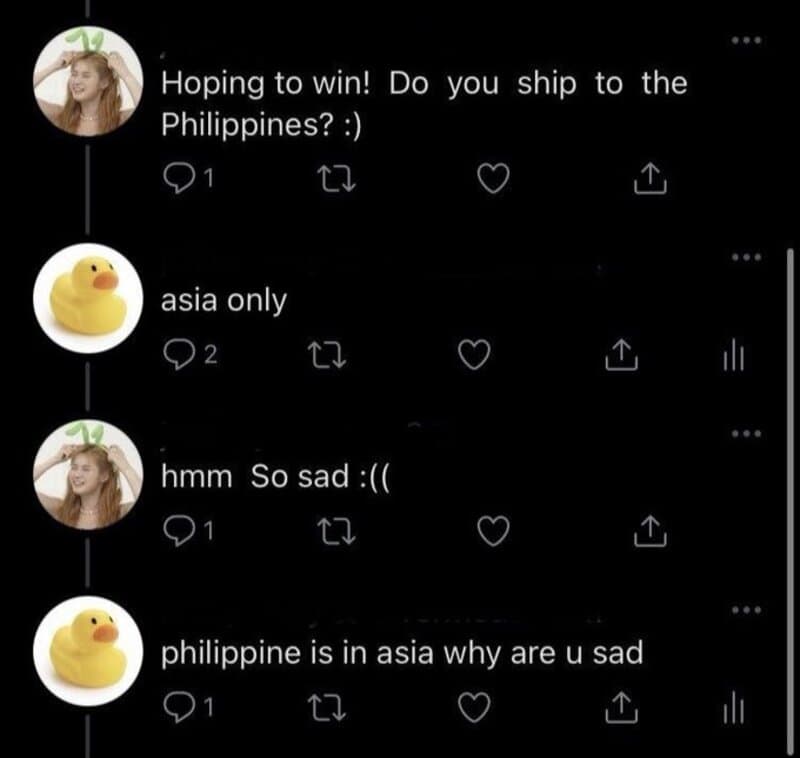 Twitter conversation about shipping to the Philippines and Asia only.