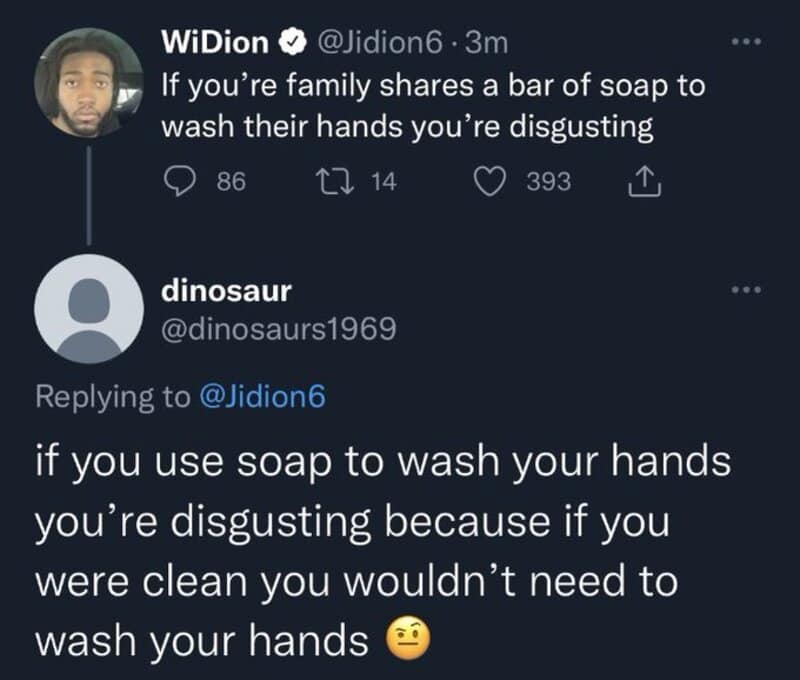 Twitter exchange about using soap to wash hands, with a humorous reply.
