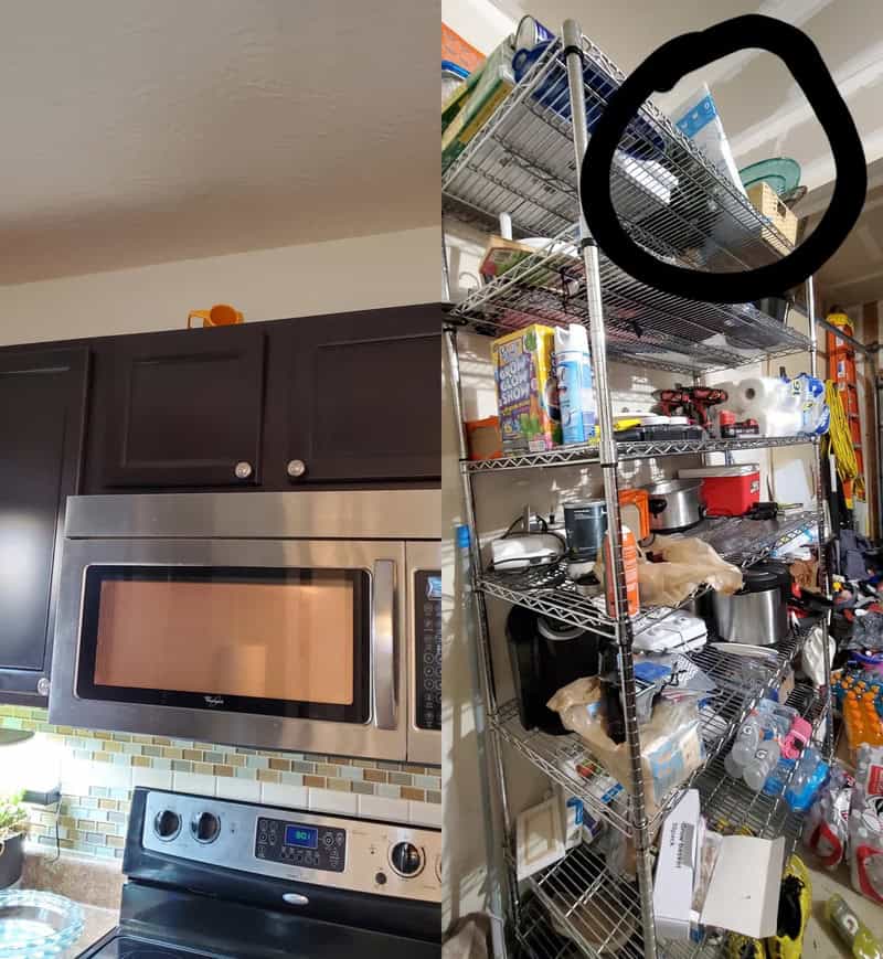 Split image of a kitchen and a cluttered garage shelf.