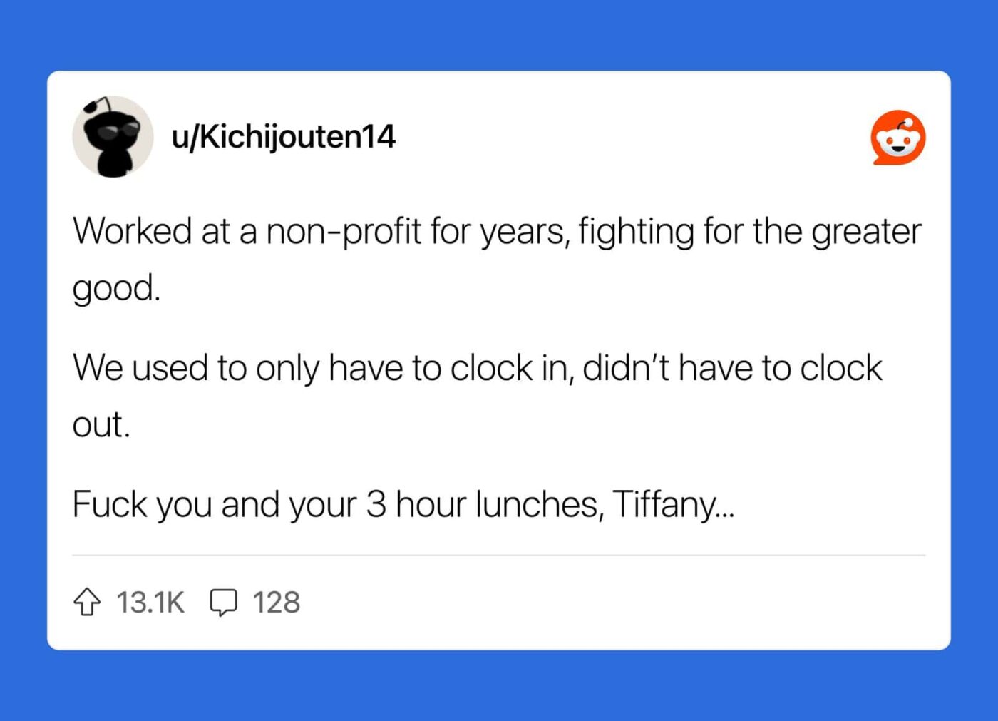 Reddit post about working at a non-profit and frustrations with coworkers.