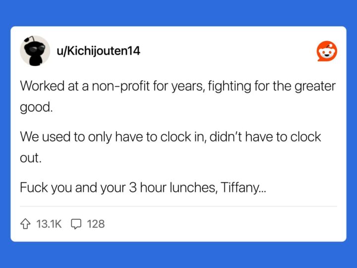 Reddit post about working at a non-profit and frustrations with coworkers.