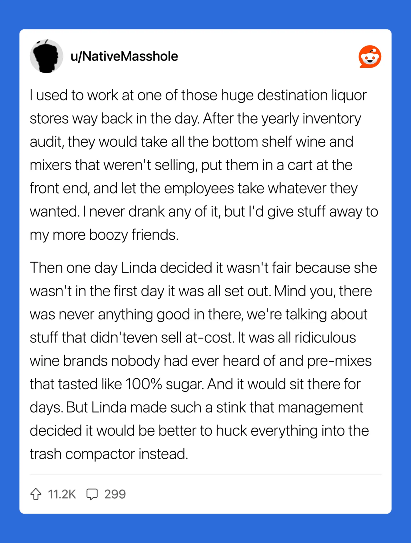 A Reddit post about a liquor store inventory and a management decision to discard expensive wine.