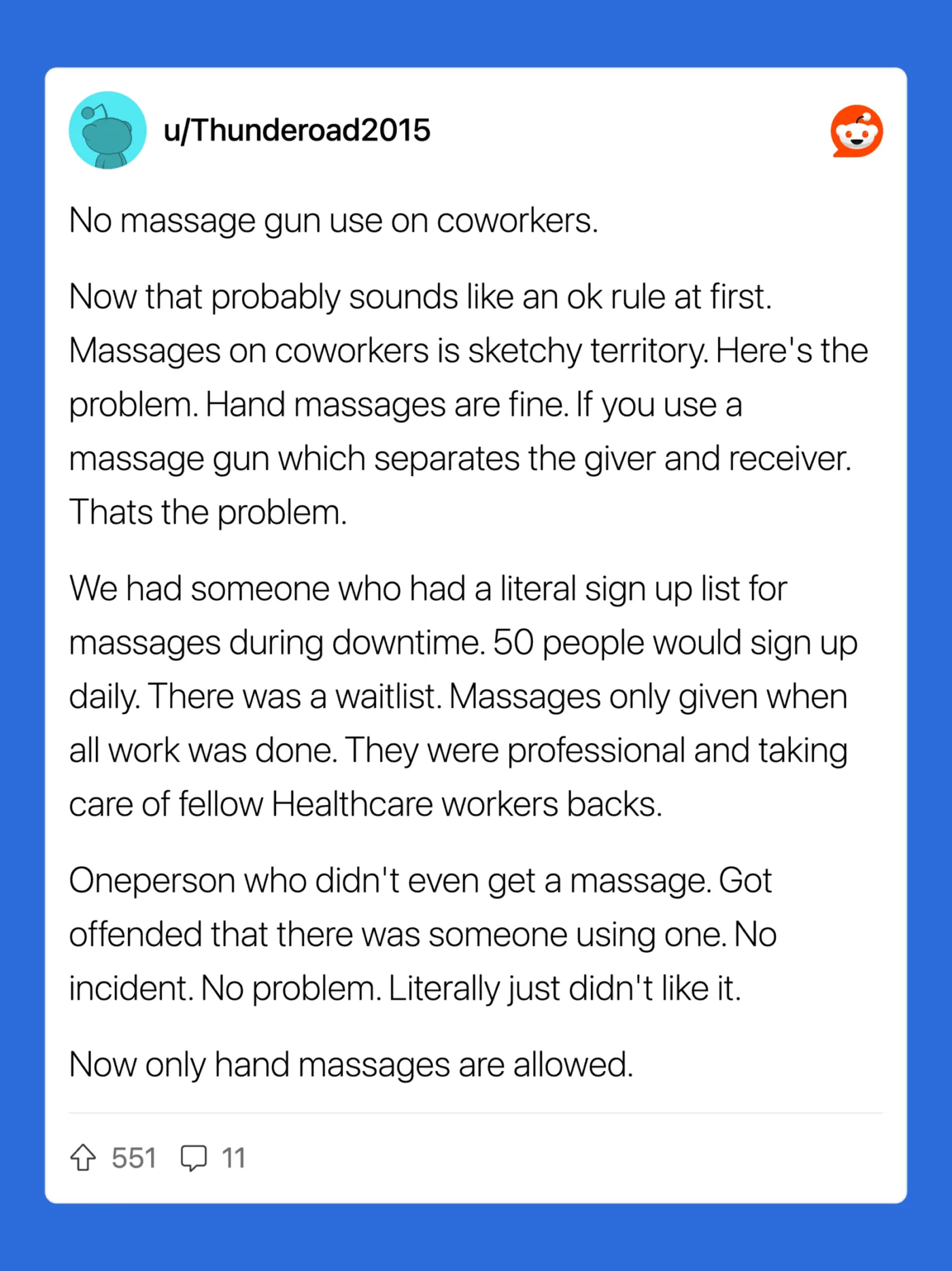 Post about workplace rules on massage gun use and hand massages.