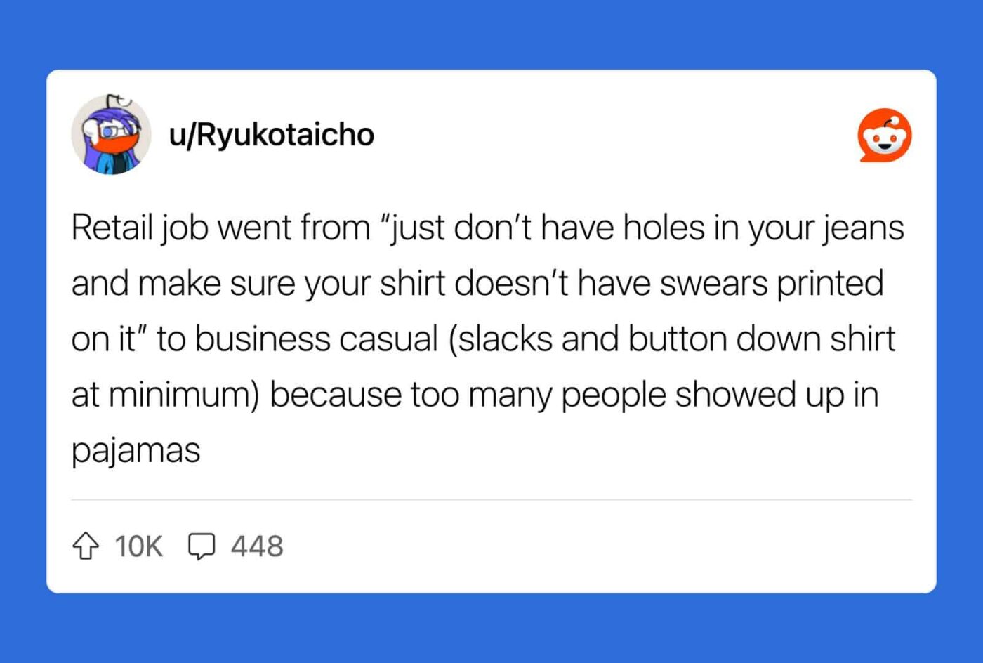 Reddit post about workplace rules, mentioning jeans and shirts in retail jobs.