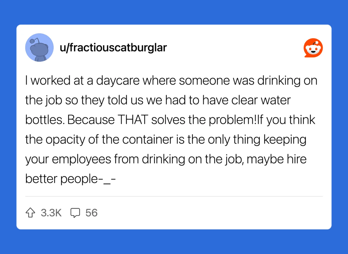 Post about workplace rules due to one person's actions, discussing water bottles and employee safety.